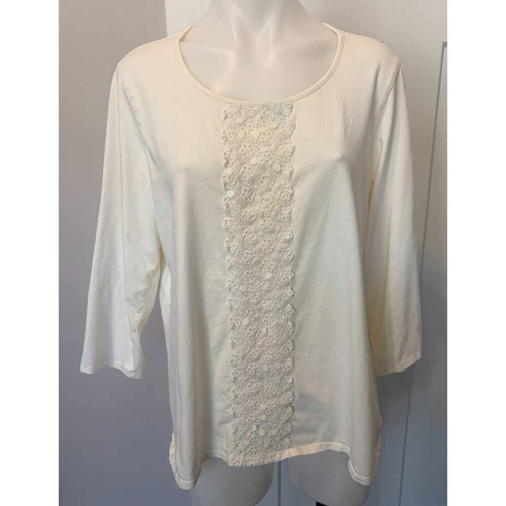 Coldwater Creek Womens Knit TOP 3/4 Sleeve Ivory Lace Sequins Size XL 18
